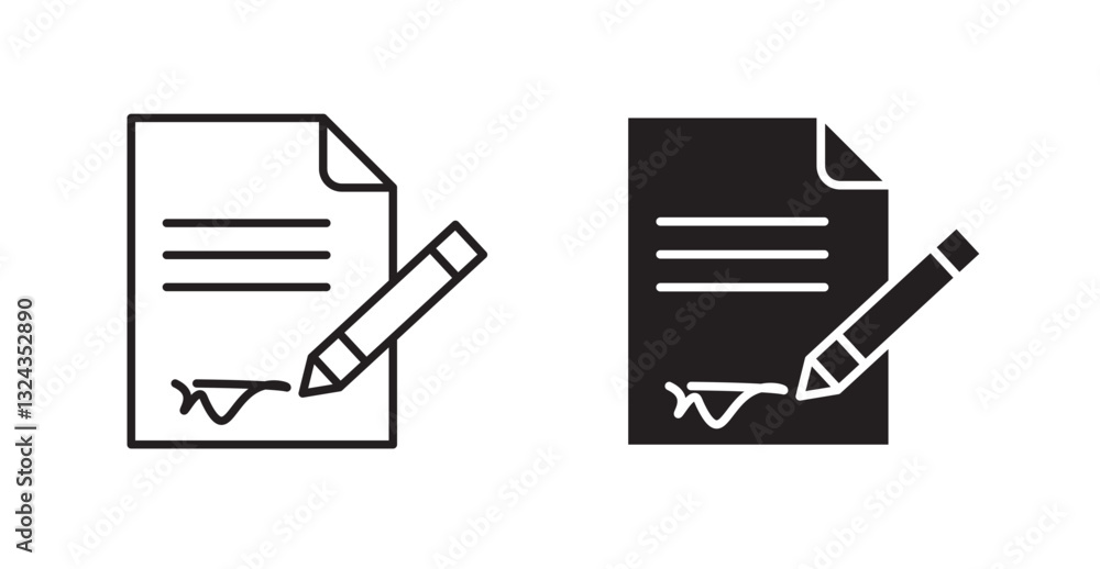 Poster signed contract thin line and fill vector icons set