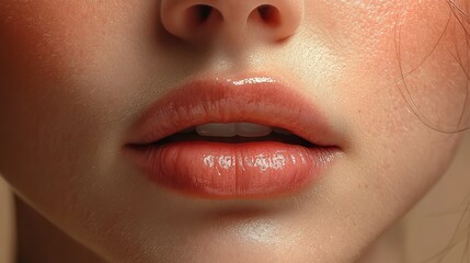 Naklejka premium Young woman's perfect natural plump lips close-up post-filler injections show cosmetology, lip augmentation, or dentistry results.