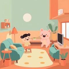 Baby in playing in the living room, children Toddlers play together. carton of interior design living room playful for the children.
