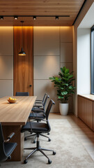 Fototapeta premium Modern office space featuring a long table with chairs and a potted plant against an acoustic panel wall.
