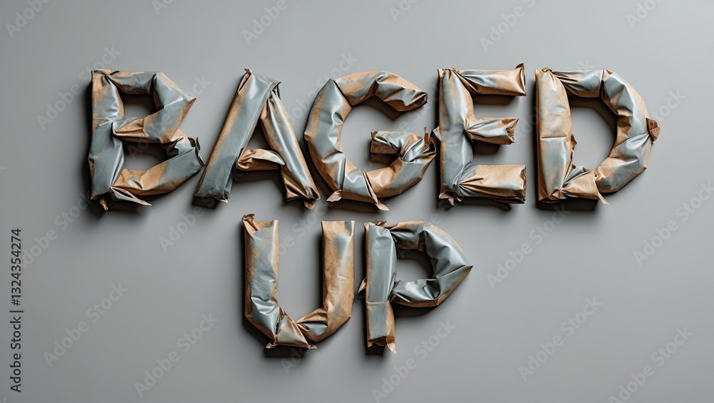 Poster An artistic representation of the phrase 'BAGED UP' with crumbled, textured paper letters arranged on a plain surface, creating a unique spatial