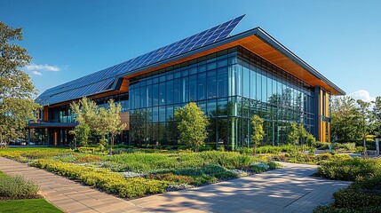 Obraz premium Modern Sustainable Office Building with Solar Panels and Landscaped Grounds