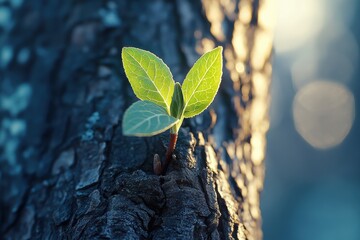 New leaves emerge from a tree trunk in early morning light, showcasing nature's resilience and beauty at dawn in a quiet forest