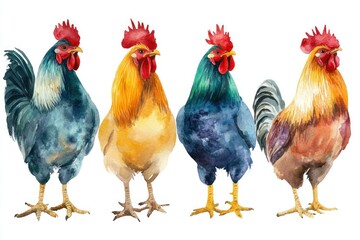 Fototapeta premium Colorful Watercolor Roosters Displaying Different Breeds and Styles on White Background