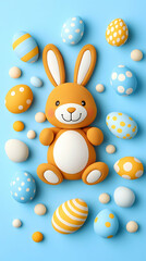 Cute Easter bunny surrounded by colorful eggs