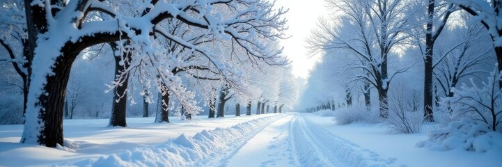 Naklejka premium Branches bowing under the weight of the snow-covered trees, snow covered, cold, frosty