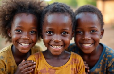Fototapeta premium Three african kids smiling, posing together. Black children enjoy childhood, friendship, happiness. Girls show joy, togetherness in rural african village. Concept of diversity, ethnicity, happy
