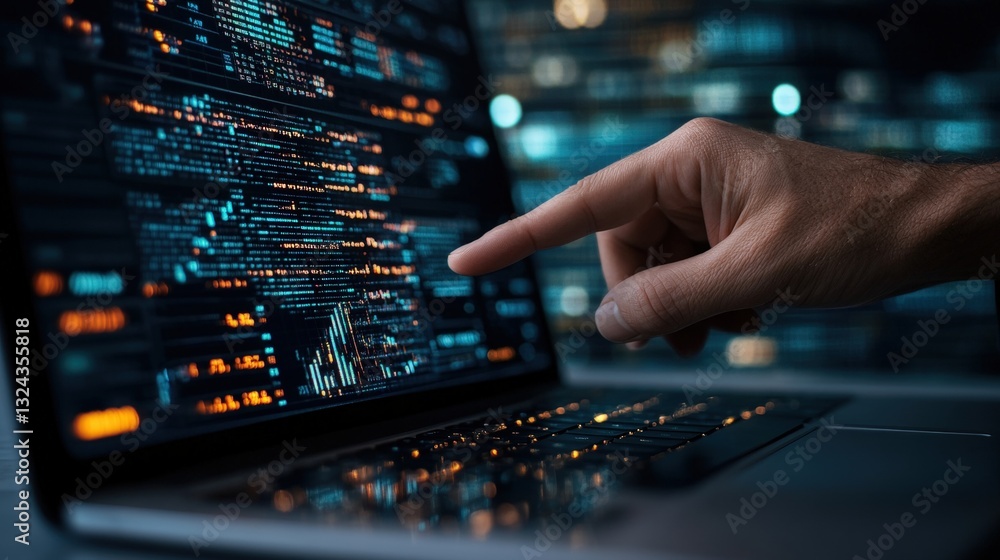 Poster close-up of a person's hand touching a computer screen displaying detailed information in a high-tec
