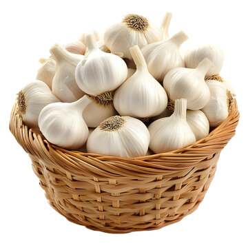 A wicker basket overflowing with fresh, whole garlic cloves.