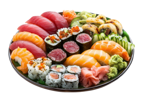 Exquisite plate of sushi and sashimi artfully arranged with fresh fish, vegetables, and garnishes for a gourmet meal isolated on a white background.