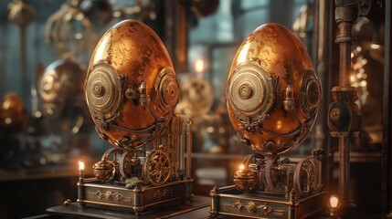 Intricate steampunk mechanical egg with brass gears and vintage design