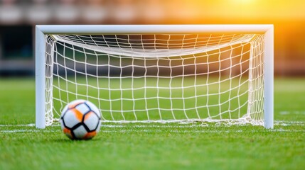 Fototapeta premium Empty school sports ground Concept, Empty Soccer Goal with Perfectly Kept Net on a Bright Field at Sunset