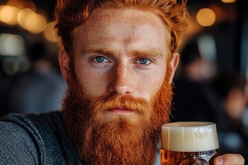 Red-haired man enjoys a beer at a social gathering in a lively bar during the evening