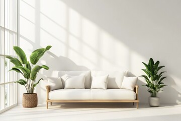 Modern Minimalist Living Room with Cozy Sofa and Indoor Plants in Bright Natural Light
