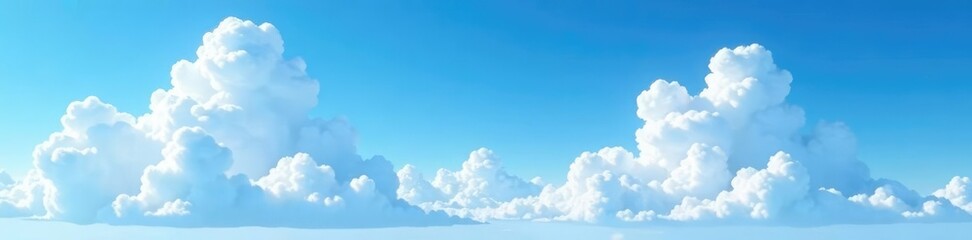 Brilliant blue sky with puffy white cumulus clouds, landscape, horizon