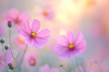 Delicate Pink Flowers Blooming in a Soft Focus Dreamy Garden Setting at Sunrise