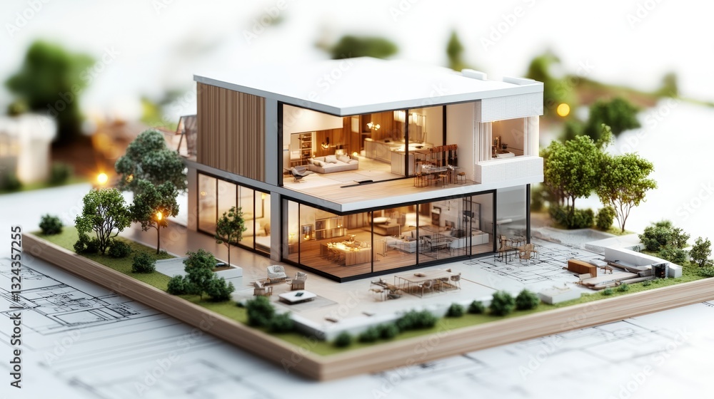Poster a detailed model of a house showcasing architectural design elements and structural features in real
