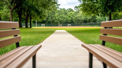Fototapeta premium Empty school sports ground Concept, Tranquil School Sports Area with Shaded Benches and Pathway in a Quiet Corner of the Campus