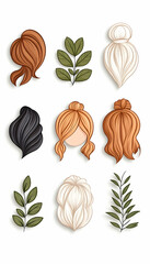 Fototapeta premium Cute hair styles, various colors, and leaves