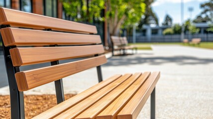 Empty school sports ground Concept, Modern Eco-Friendly Benches in a Quiet Resting Zone Surrounded by Greenery and Open Space