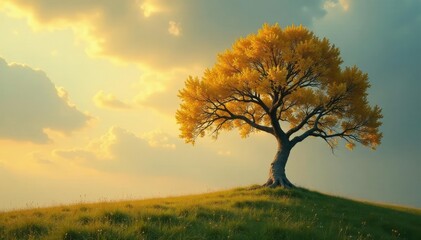 Delicate curved branches stretch towards a solitary tree with golden hues, tree, organic