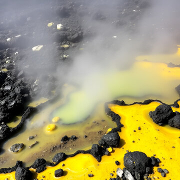 Sulphur and other minerals at an active fumarole field by Lake Linow, a volcanic attraction south of Tomohon city, Lake Linow, Tomohon, North Sulawesi, Indonesia