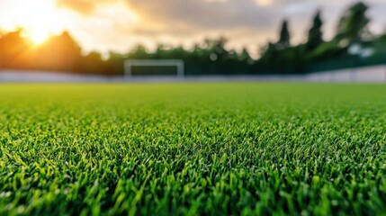 Empty school sports ground Concept, Tranquil Sports Field Scene with Soft Artificial Grass Under a Warm Sunset Light