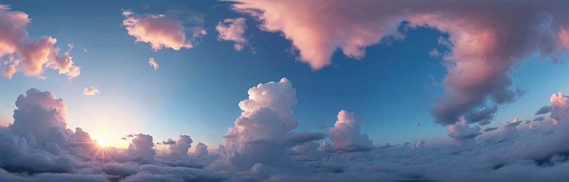 Dark blue sunset sky panorama with pink Cumulus clouds. Seamless spherical equirectangular view for 3D, game design sky replacement for drone 360 panoramas. Complete zenith nature background template.