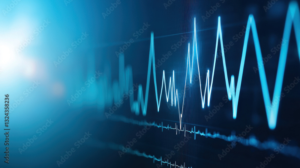 Poster Dynamic audio waveform visualization with vibrant blue tones, showcasing sound transitions and peaks. This captures essence of sound in modern digital format