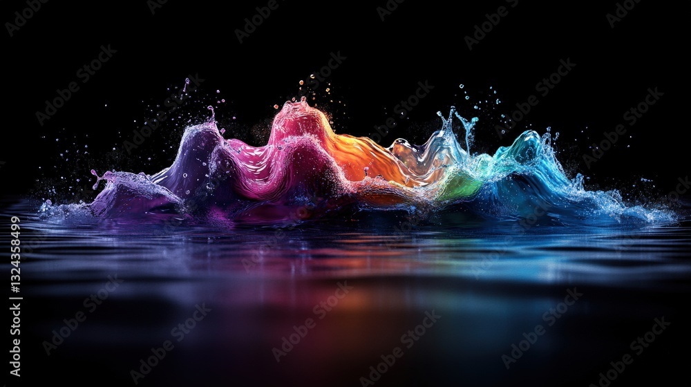 Poster water splashing elegantly against a black background creating stunning visual effects with glossy re