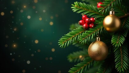 Evergreen branch with red berries and gold ornaments, gold, decorations