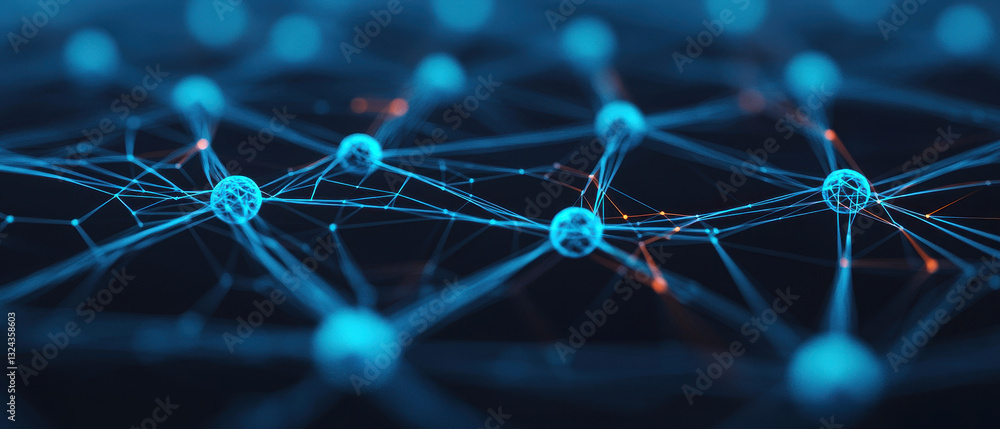 Poster digital representation of interconnected nodes and lines, showcasing network structure in blue tones. This evokes sense of technology and connectivity