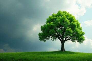 Drop falls from grey sky amidst branches of a lone tree, tree, greenery