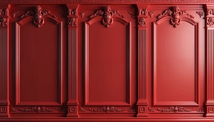 Elegant red wooden paneling wall decor with ornate carving on classic luxurious background. Rich crimson dark maroon texture details show design style of interior architecture. Molding frame panel
