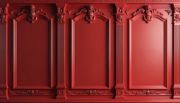 Fototapeta Elegant red wooden paneling wall decor with ornate carving on classic luxurious background. Rich crimson dark maroon texture details show design style of interior architecture. Molding frame panel