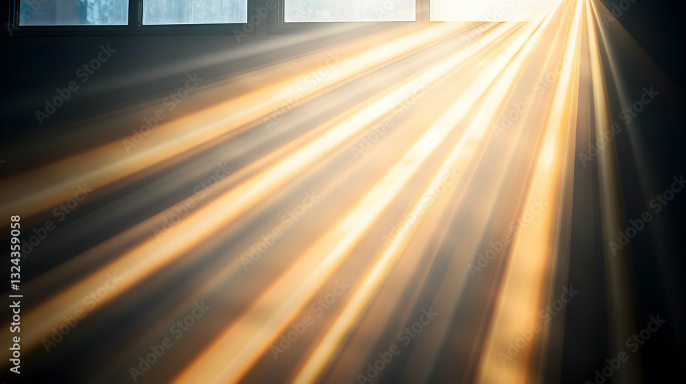 Poster golden sunbeams streaming through window into dark room illuminating empty space