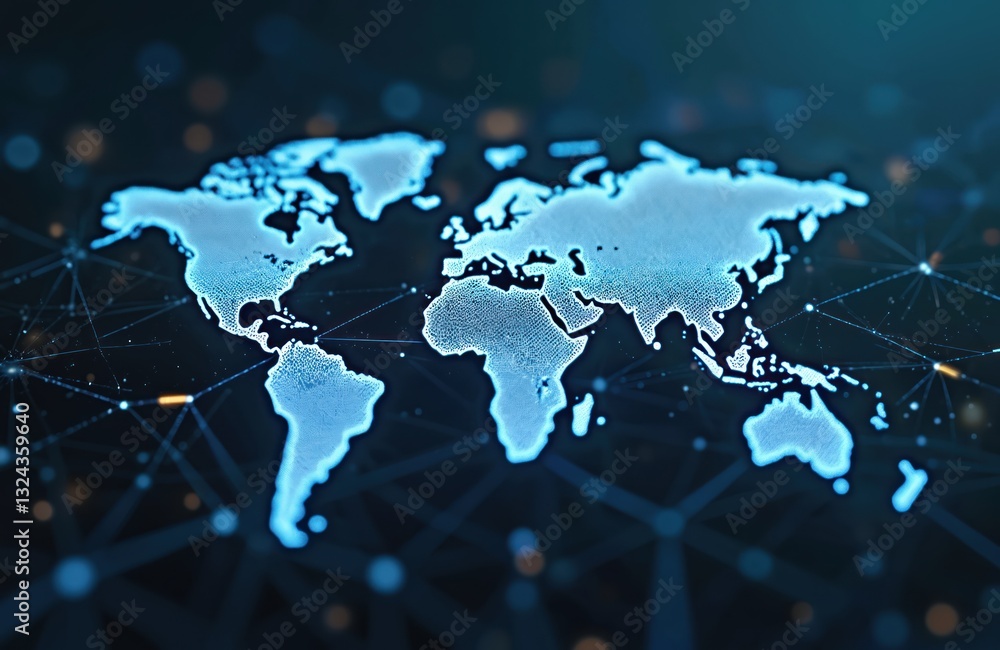 Poster stylized world map surrounded by complex network of lines, dots. representing global connectivity, d