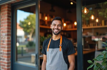 Young entrepreneur stands near storefront of business. Smiling cafe owner, wearing apron, blends cultural heritage with local community. Success concept, small business vision, diversity, cultural