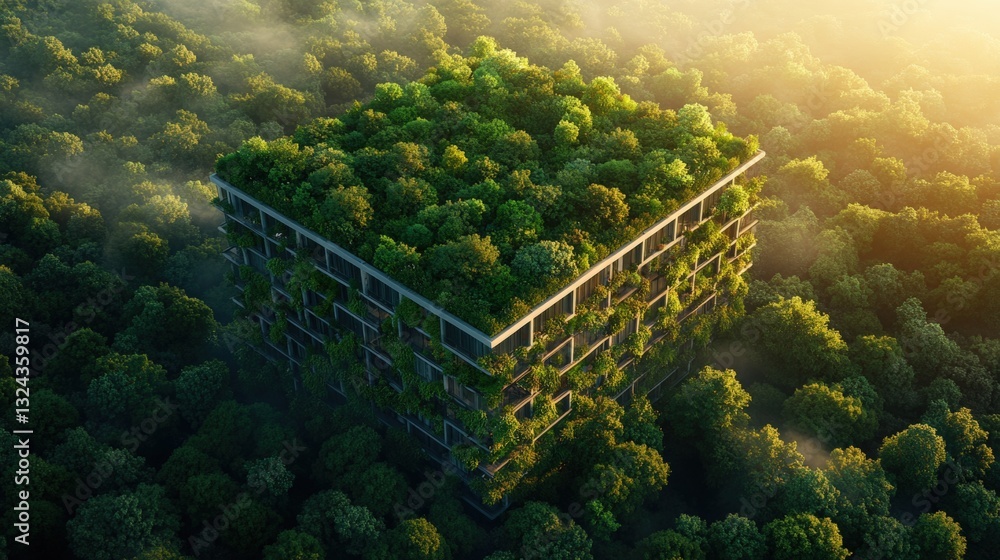 Poster unique building nestled in the heart of a lush forest surrounded by tall trees creating a serene and