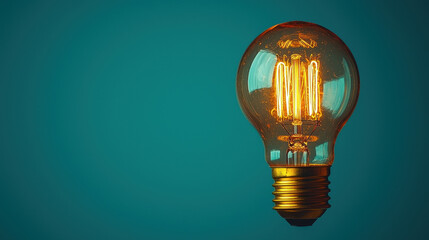 vintage light bulb glowing against teal background, showcasing its warm filament and unique design. This minimalist image evokes sense of nostalgia and creativity