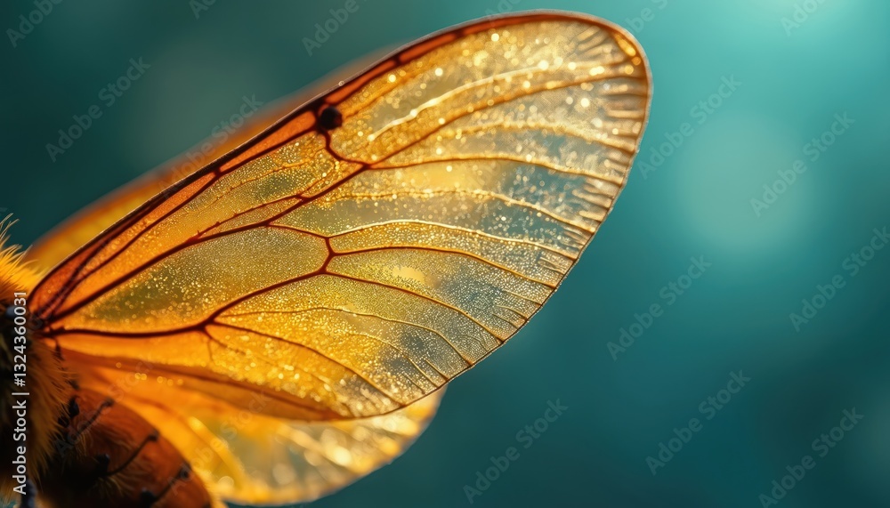 Aufkleber Macro photo of glimmering golden insect wing against teal background. Exquisite textures, detailed veins create semitransparent fragile pattern with light sparkle shimmer. Aethereal mystical image