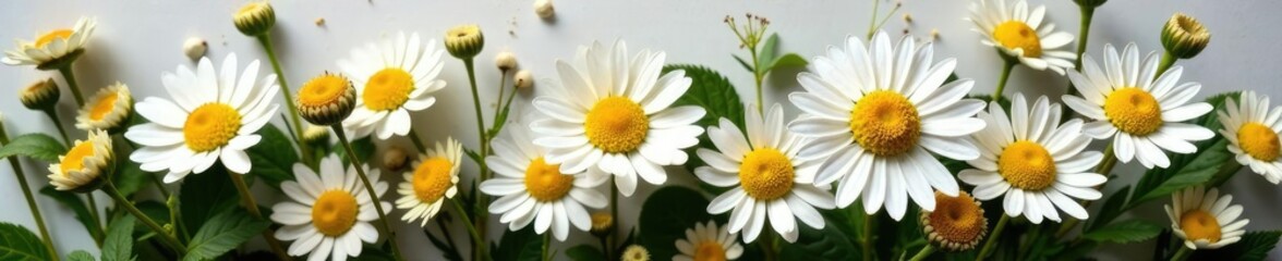Fototapeta premium Dried flowers of Tanacetum parthenium with white chamomile, floral decor, herbalism