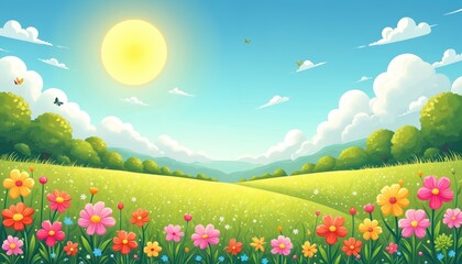 Fototapeta premium Vibrant spring landscape illustration with meadow flowers under bright sun. Green hills, trees, white clouds create cheerful rural scene. Summer scenery with blossoming flora, clear blue skies.
