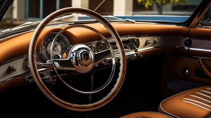 Fototapeta premium Vintage Car Interior Classic car interior with steering wheel and dashboard, close-up.