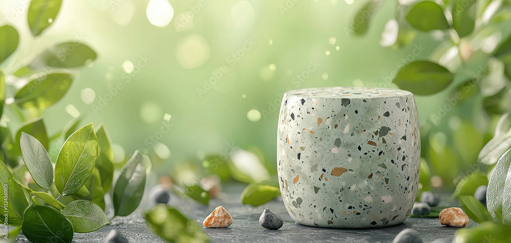 Poster decorative natural stone container surrounded by green leaves and pebbles, creating serene and calmi