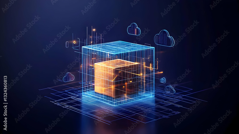 Aufkleber glowing orange cube inside a translucent blue cube on a dark blue background with digital data parti