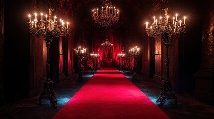 Fototapeta premium Red carpet throne room, opulent interior, candlelight, mystery