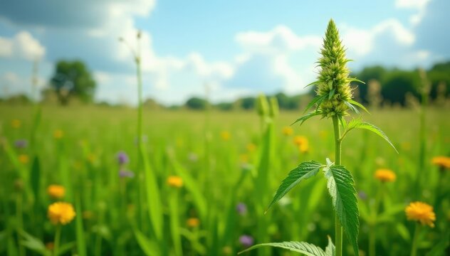 Hemp dogbane in a field with tall grass and wildflowers, apocynum, ohio, dogbane