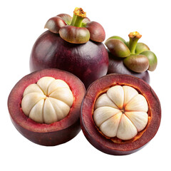 mangosteen with sliced half and white flesh isolated
