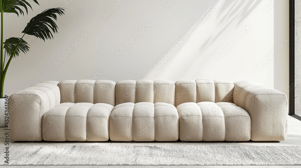 Aufkleber modern, minimalistic sofa with plush, tufted design in light color, set against bright, airy backgro